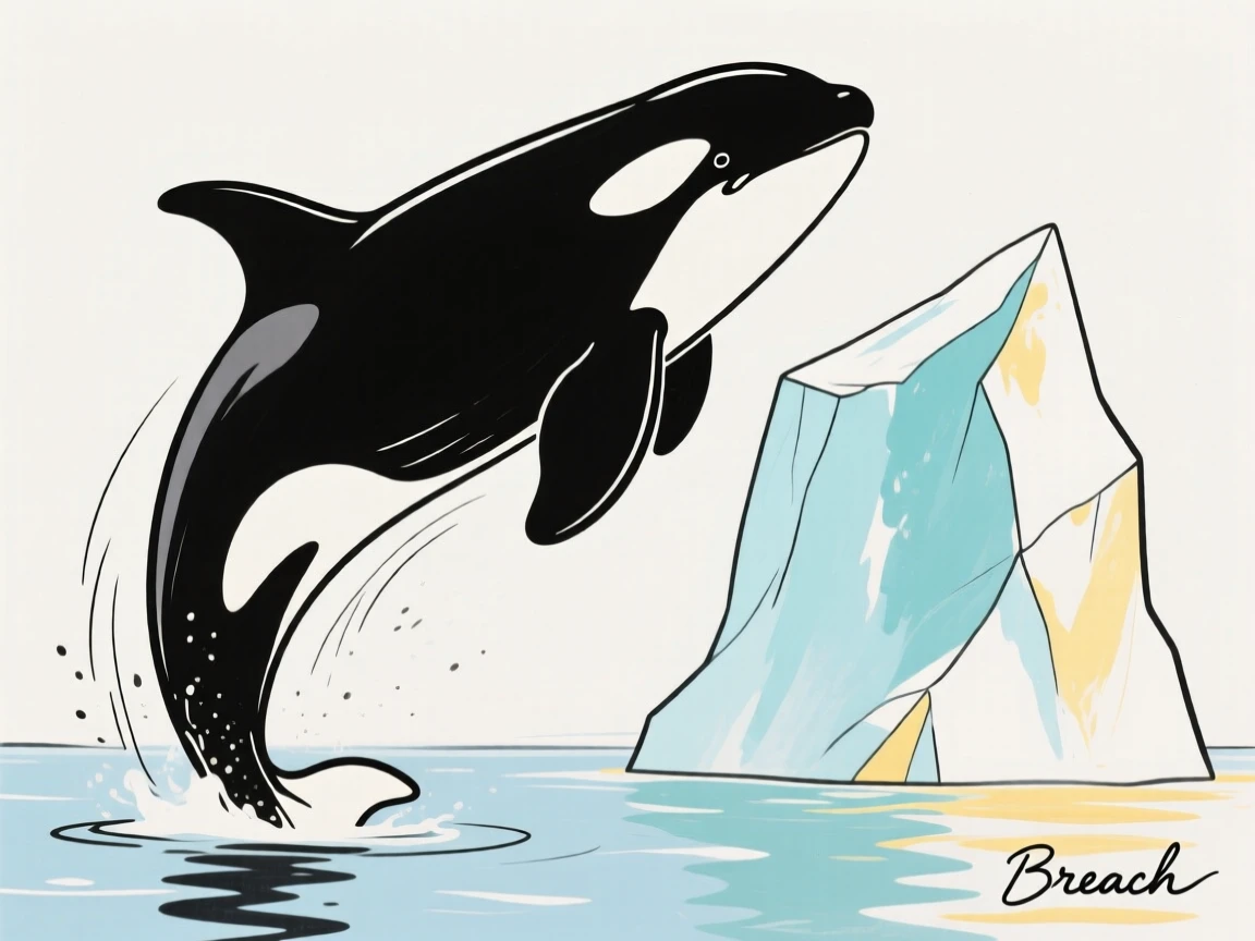 An orca breaching near an iceberg