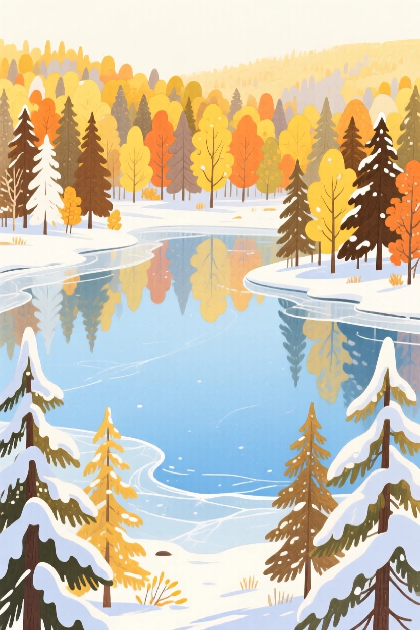 A sweeping view of a frozen lake surrounded by snowy pines during golden autumn.