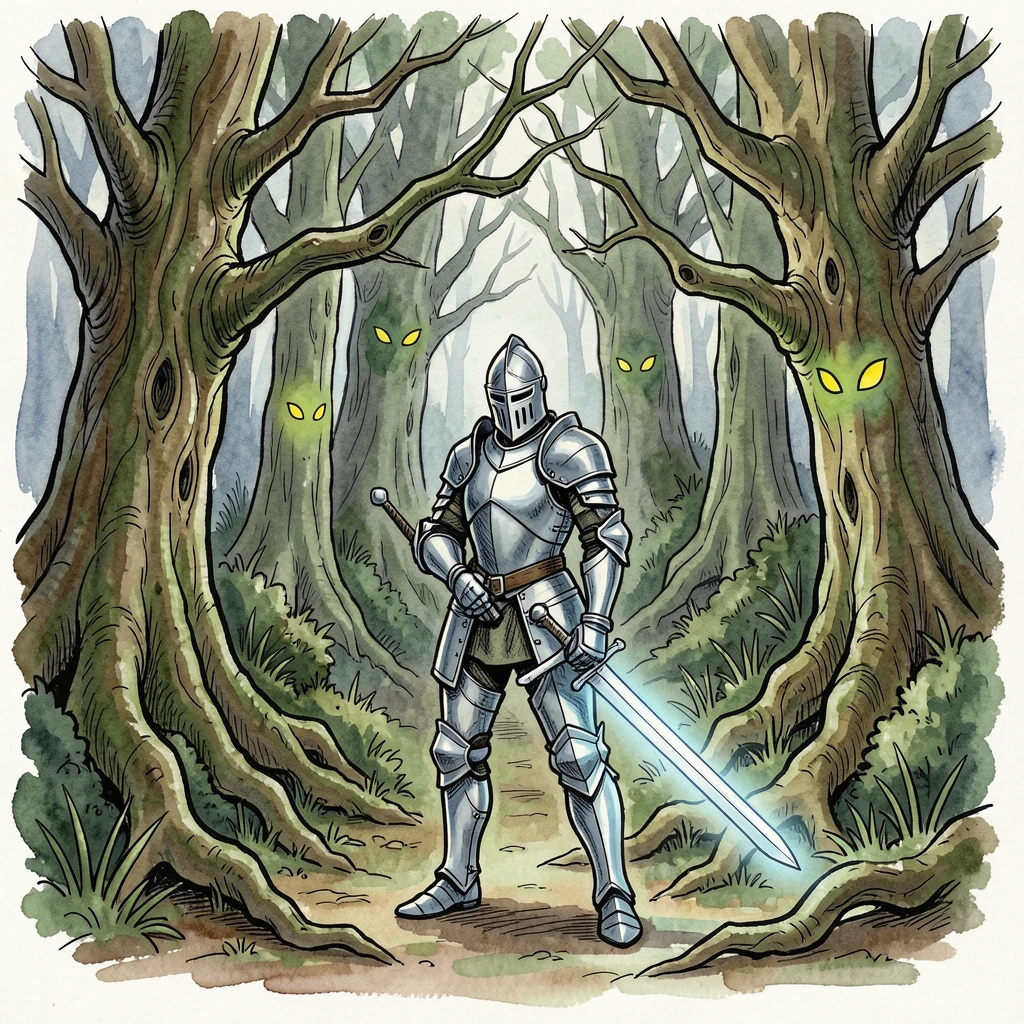 A knight standing before an ancient enchanted forest, sword drawn as glowing eyes watch from the shadows