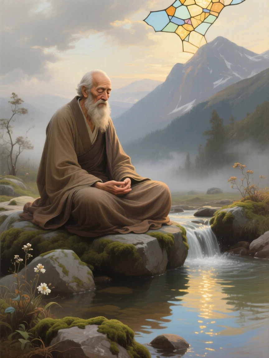 An elderly sage meditating beside a tranquil mountain spring in an instant of grace touching the ordinary world, set beside a sacred spring reflecting the morning sky, with soft, radiant light breaking gently through clouds or stained glass; the composition places the central figure within a halo of natural light, capturing a timeless moment of grace and gratitude.