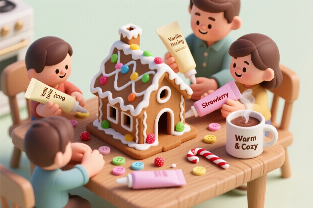 A family scene of decorating a gingerbread house at the kitchen table, icing tubes squeezed carefully, candy pieces scattered, and cocoa steaming nearby.
