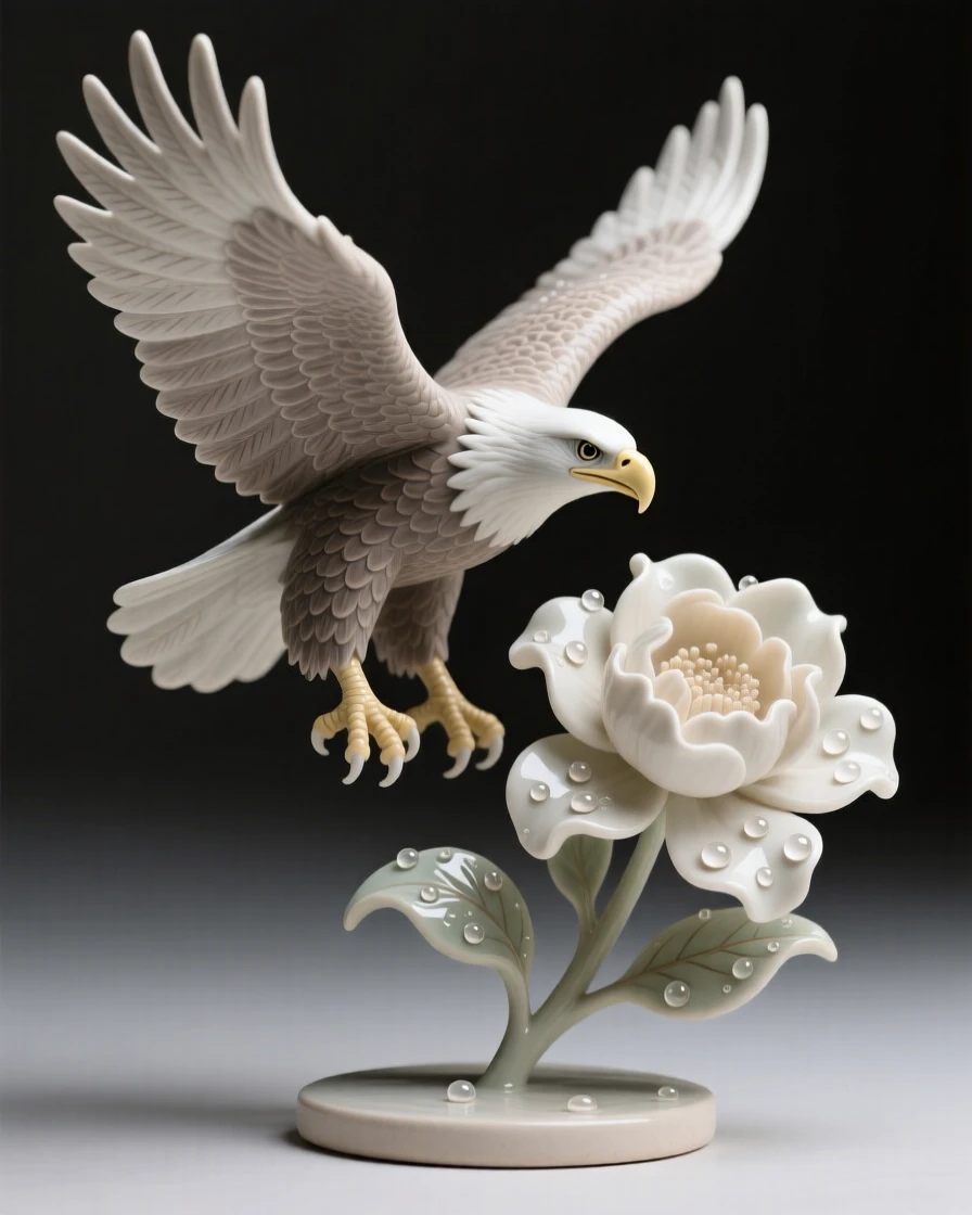 A bald eagle soaring with wings outstretched frozen mid-hover beside a bloom, glistening with a light morning dew, radiating delicate, fleeting beauty.