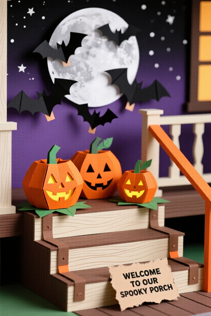 A festive Halloween scene with carved jack-o'-lanterns glowing on a porch step, bats silhouetted against a full moon, evoking spooky charm.