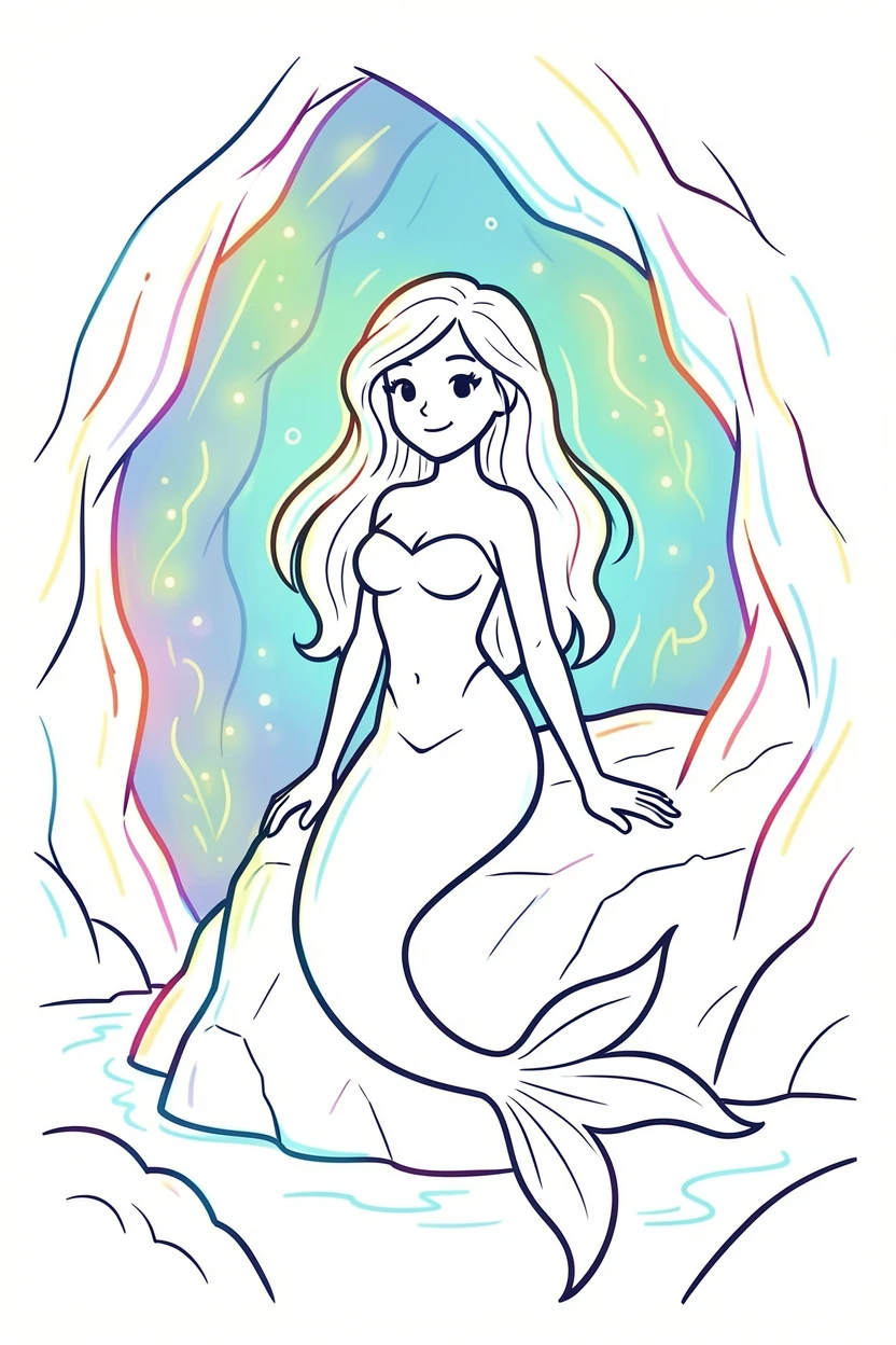 A mermaid perched on a rock at the edge of a bioluminescent underwater cave.