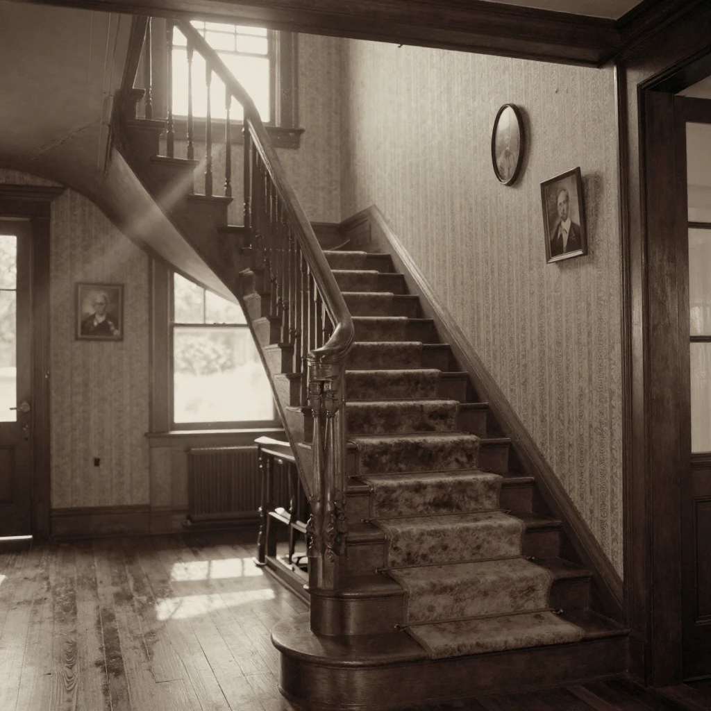 A grand staircase winding through an old manor house, in the pale light just before sunrise, as heat shimmers over the ground, during the long days of summer, with a soft sepia-tinted glow, at eye level, intimate and direct.
