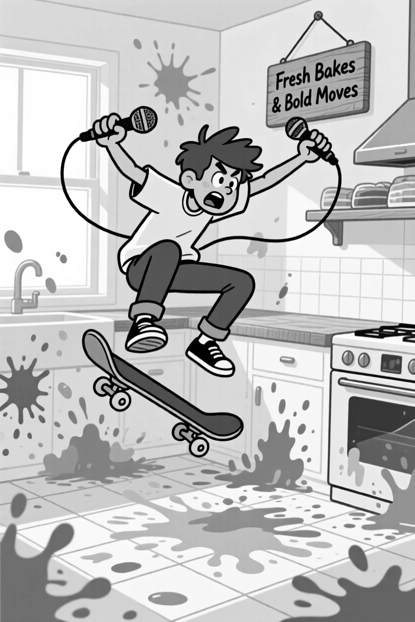 A skateboarder frozen mid-air after a botched trick, clutching the microphone with both hands, set in a sunny kitchen bakery corner. Paint splatters form an accidental abstract masterpiece. The moment captures determination with a comic twist.
