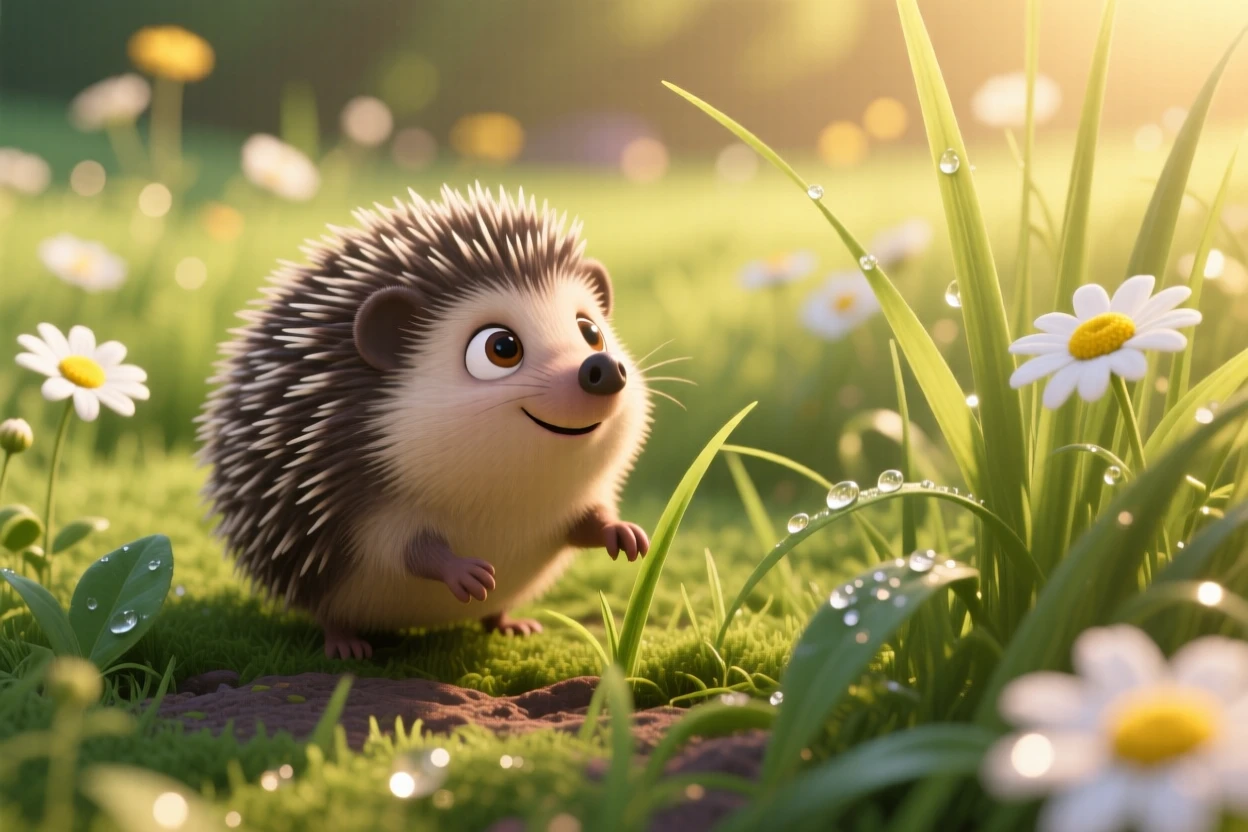 A tiny hedgehog is exploring a sunlit meadow full of daisies, looking up with big curious eyes. A quiet, comforting sweetness surrounds the scene, with dew drops glistening nearby.