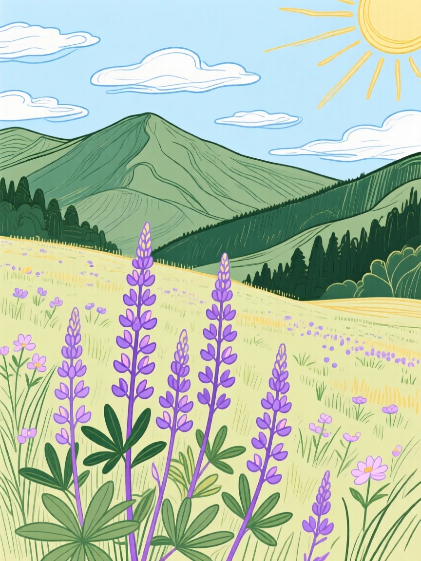 A mountain meadow covered in wild lupine.