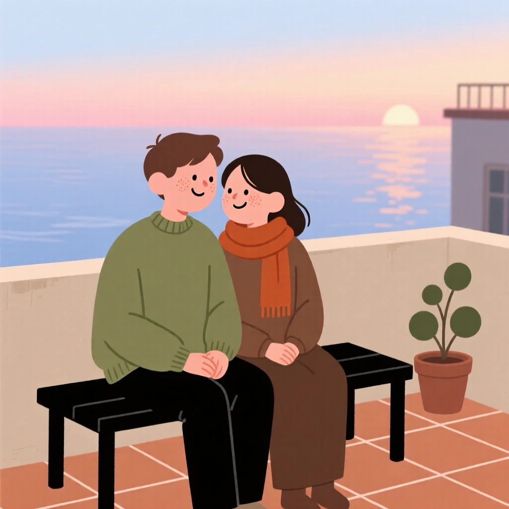 A couple shares a quiet moment on a rooftop terrace at dawn, exchanging a warm smile as the last light fades over the water surrounds them.
