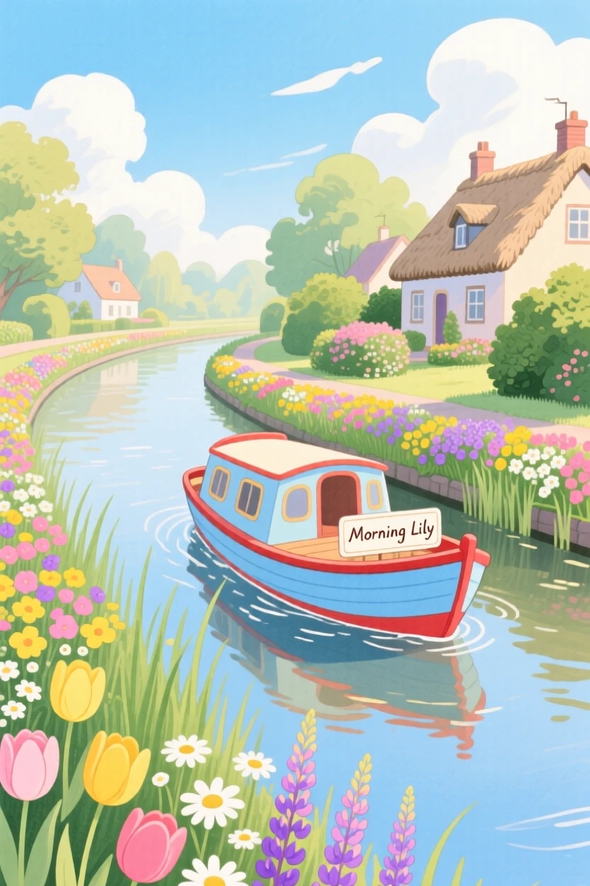 A picturesque view of a canal boat drifting past flower-lined banks.