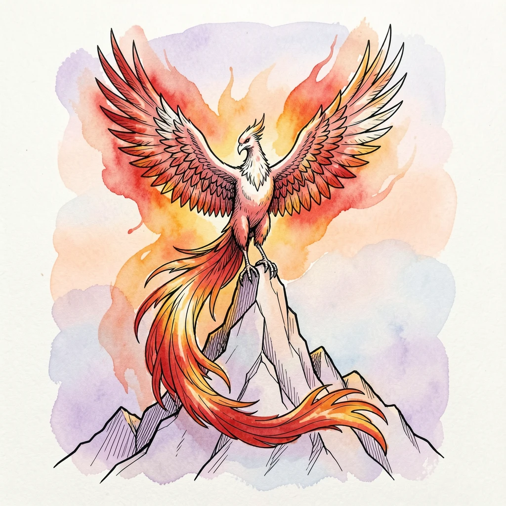 A phoenix rising in a burst of fire and light above a mountain peak at dawn