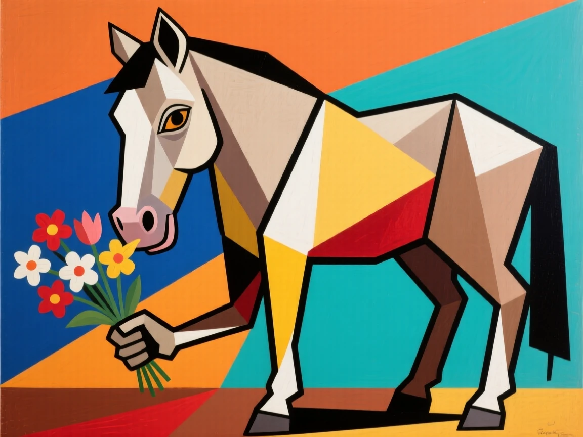 A charming portrait of a gentle old horse sniffing curiously at a bouquet of flowers, on a lazy afternoon.