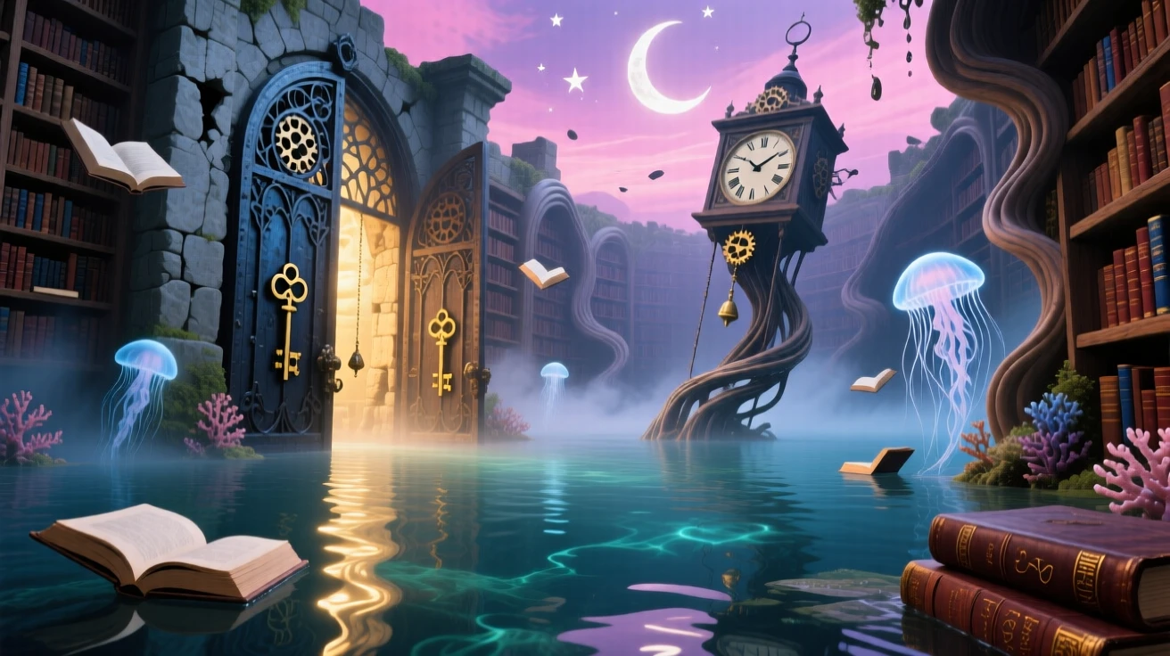 A forgotten library sunk quietly beneath a still, clear lake holds its secrets quietly behind crumbling stone walls, as faint golden light spills from cracks in its walls.