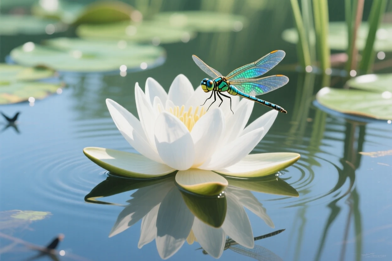 A close-up of a single water lily floating on a still pond captures every delicate curve of its white petals, a dragonfly perched motionless on its edge, with the crisp, still air carrying only the faintest sounds of distant birdsong.