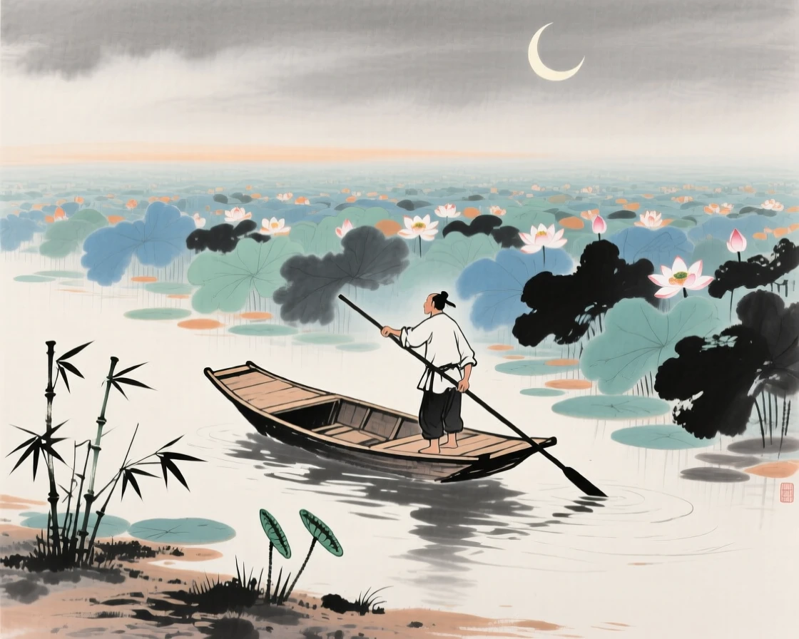 A boatman poling his craft gently through a field of lotus, touched with gentle melancholy, as new bamboo shoots break through the soil, beneath a crescent moon.