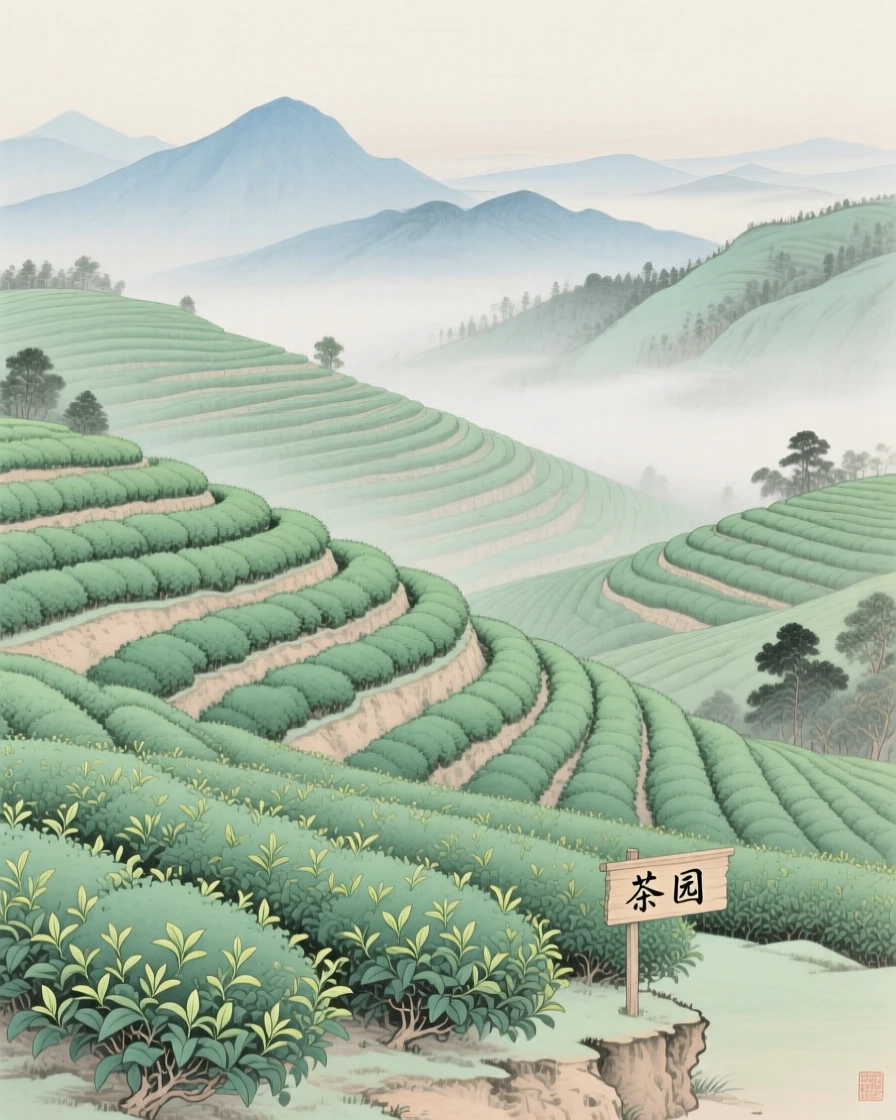 Terraced tea plantations rolling over green hills, with distant peaks fading into layers of mist