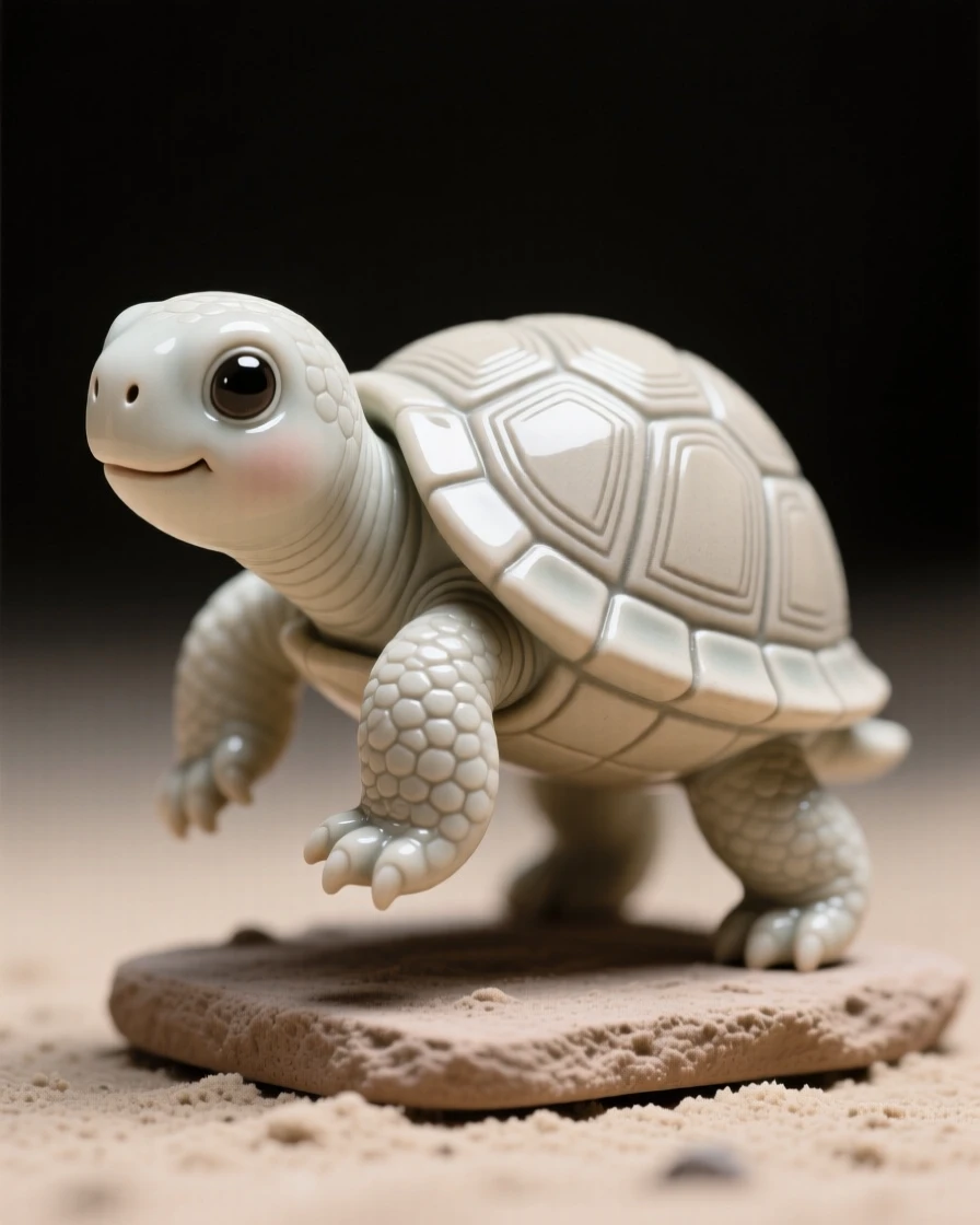 A tiny baby turtle poking its head from its shell caught mid-wobble in a first clumsy step, its tiny features rendered with heartwarming charm, capturing a moment of pure childlike delight.