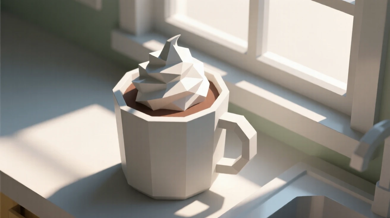 A cup of hot cocoa topped with whipped cream, beside a sunlit kitchen window. the composition is framed from a pleasing overhead angle. The setting feels indulgent and delicious.