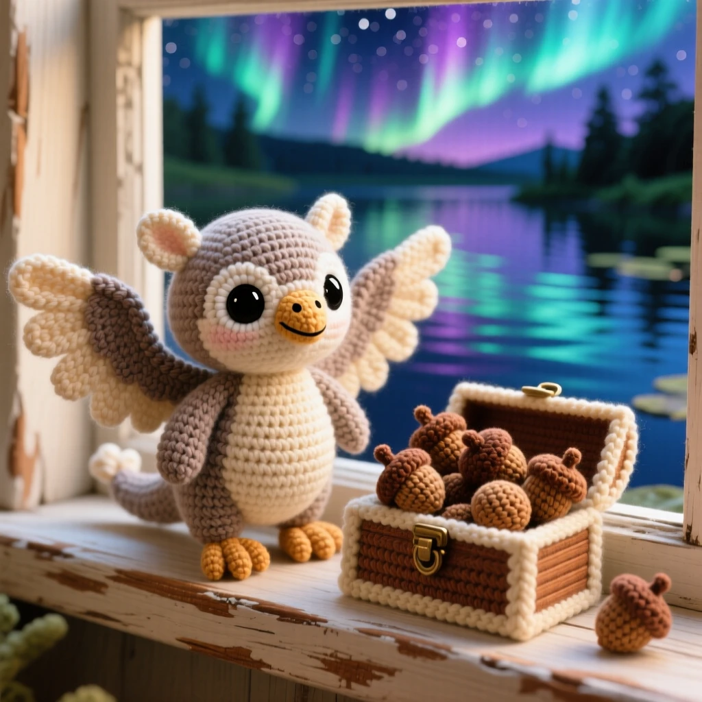 A charming portrait of a small baby griffin perched on a windowsill, gazing out at the sunrise, stretching its wings in the morning light beside a small wooden chest overflowing with acorns in a shimmering pond reflecting the northern lights, conveying a warm, protective tenderness.