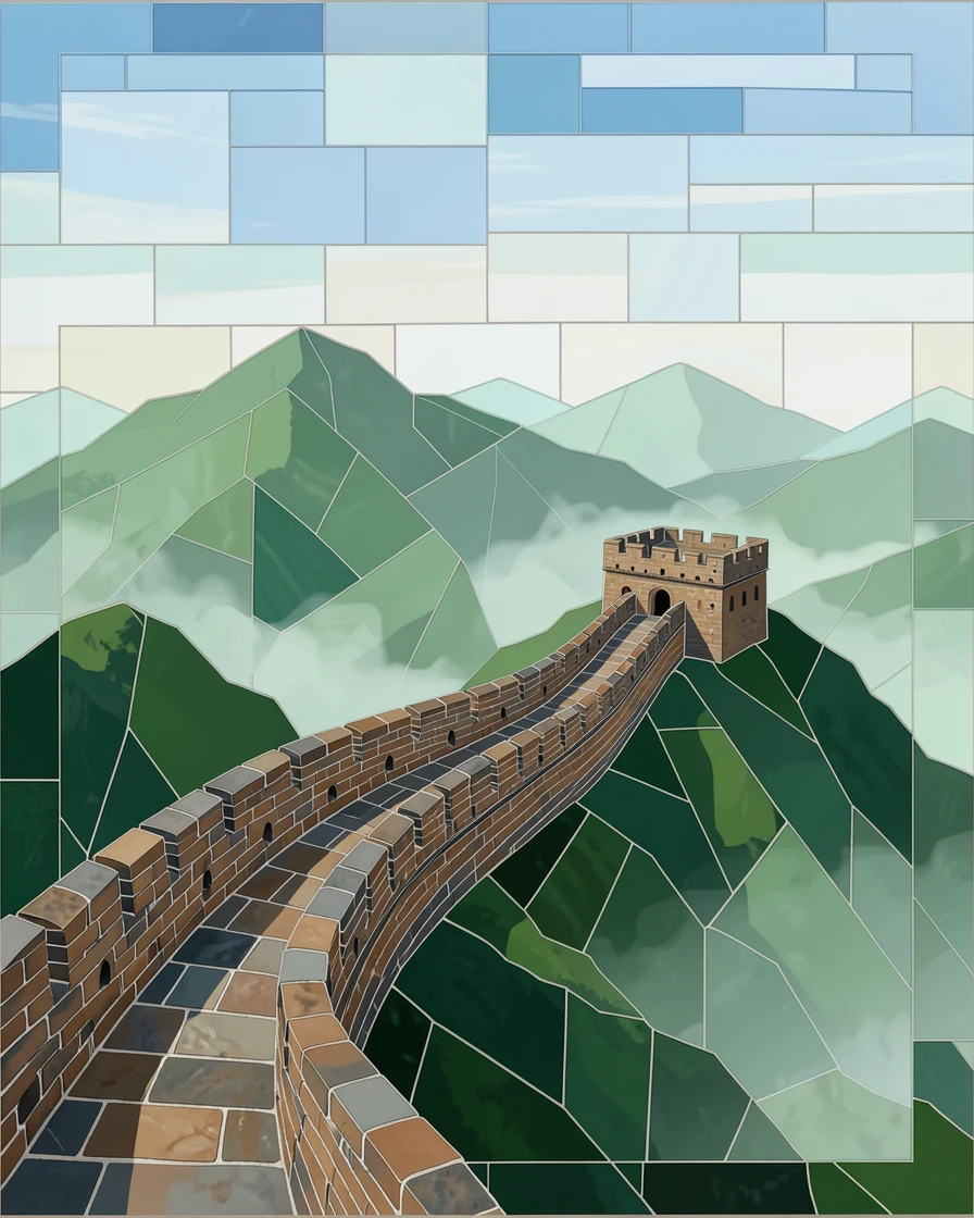 The great wall of china winding across misty green mountains, viewed from a dramatic elevated vantage point.