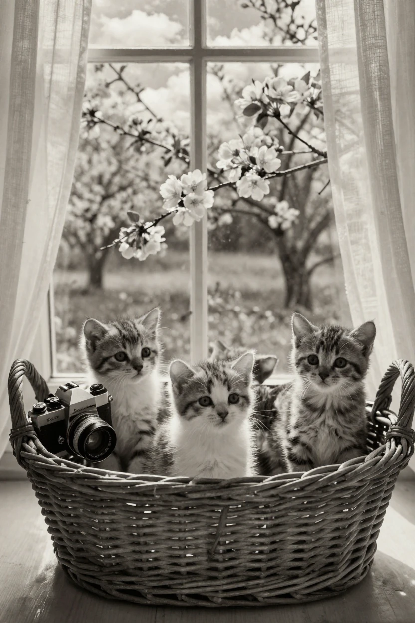 A litter of kittens nestled together in a wicker basket, in soft window light, under scattered clouds, as spring blossoms unfurl, with stark black-and-white contrast softened by a single warm hue, shot from directly overhead.
