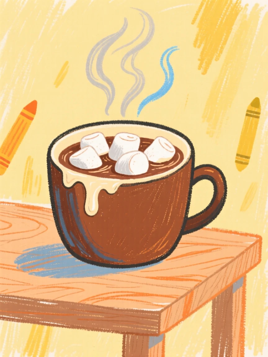 A cup of hot cocoa topped with melting marshmallows.