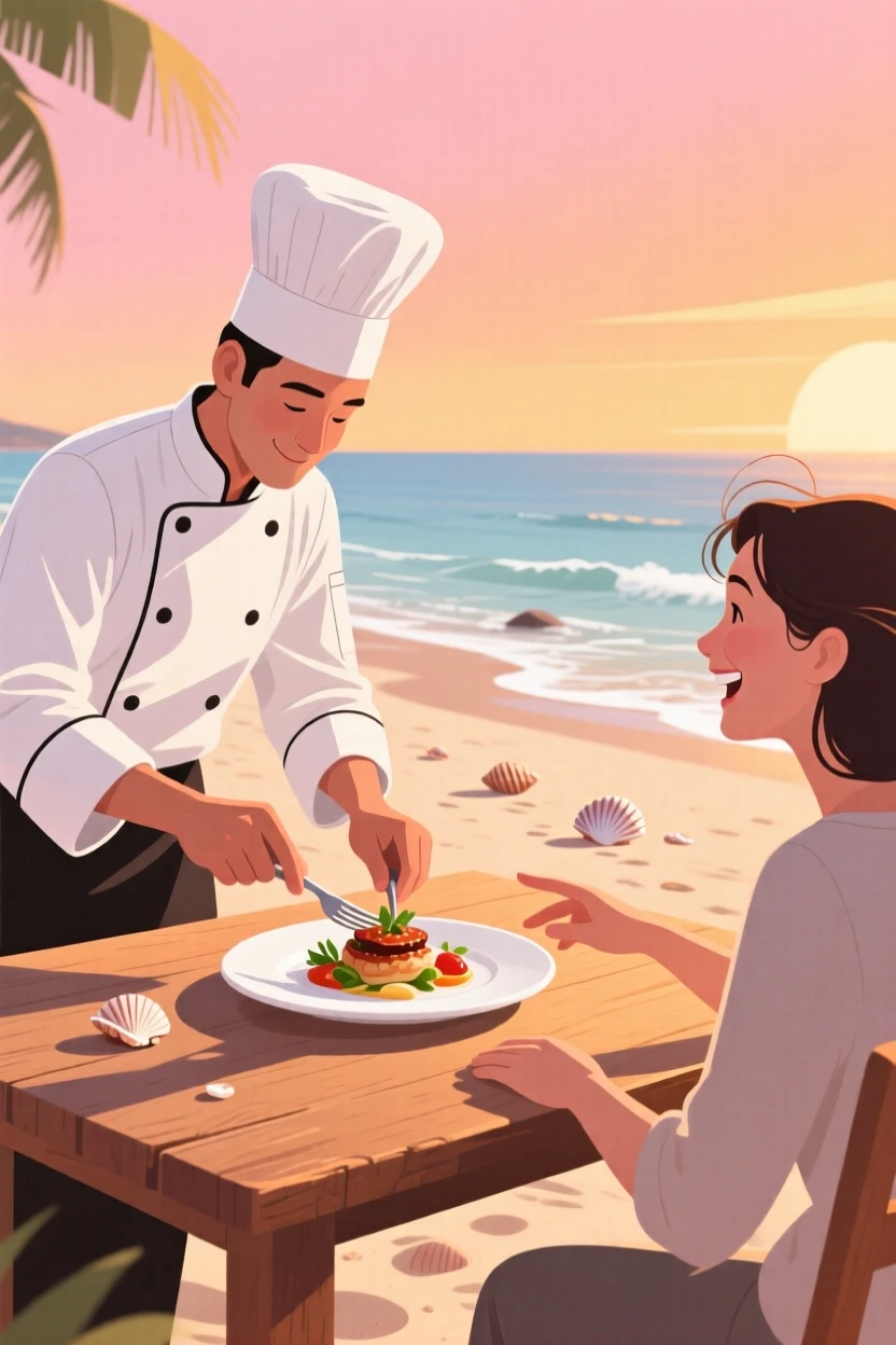 A chef carefully plating a beautifully arranged dish, on a quiet beach at golden hour, framed to highlight connection between the people in the scene, with small joyful details like flying hair or bright laughter.