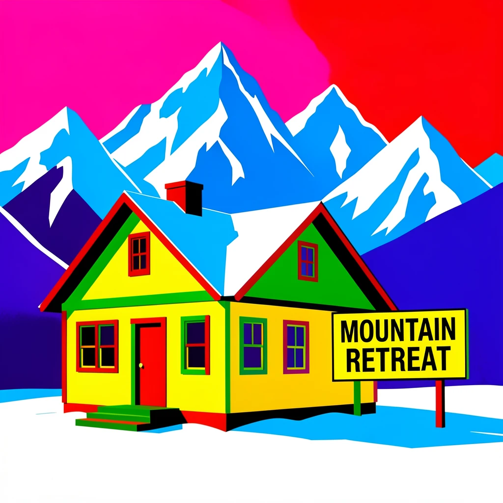 Mountain cabin surrounded by snow-capped peaks