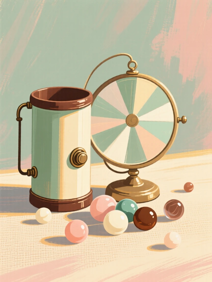 A vintage kaleidoscope resting beside a collection of marbles