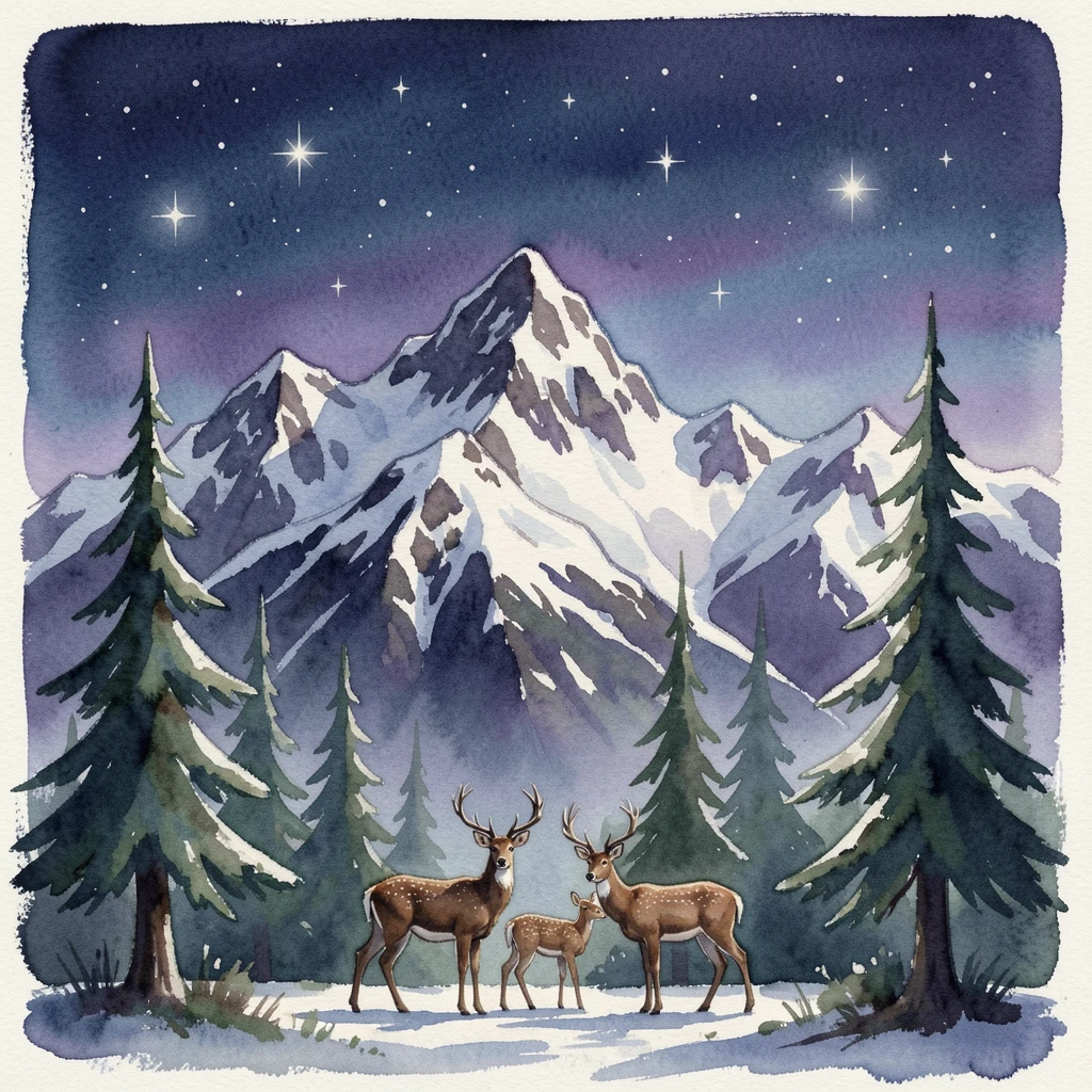A snow-capped mountain range under a starry night sky with a family of deer at the tree line.