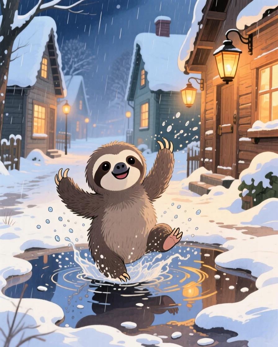 A baby sloth splashing happily in a puddle after rain, set in a snowy village street lined with warm lantern light, full of playful curiosity.