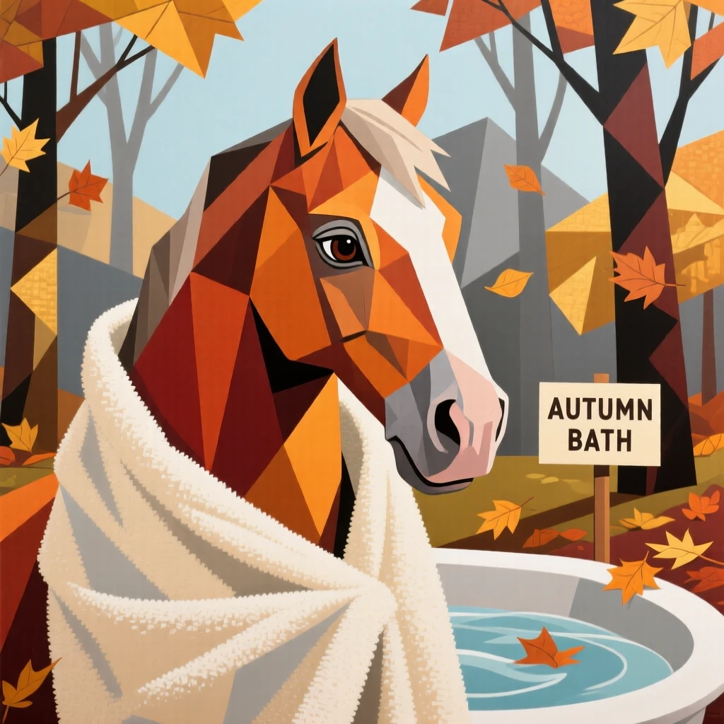 A charming portrait of a gentle old horse wrapped in a soft towel after a bath, on a crisp autumn day.