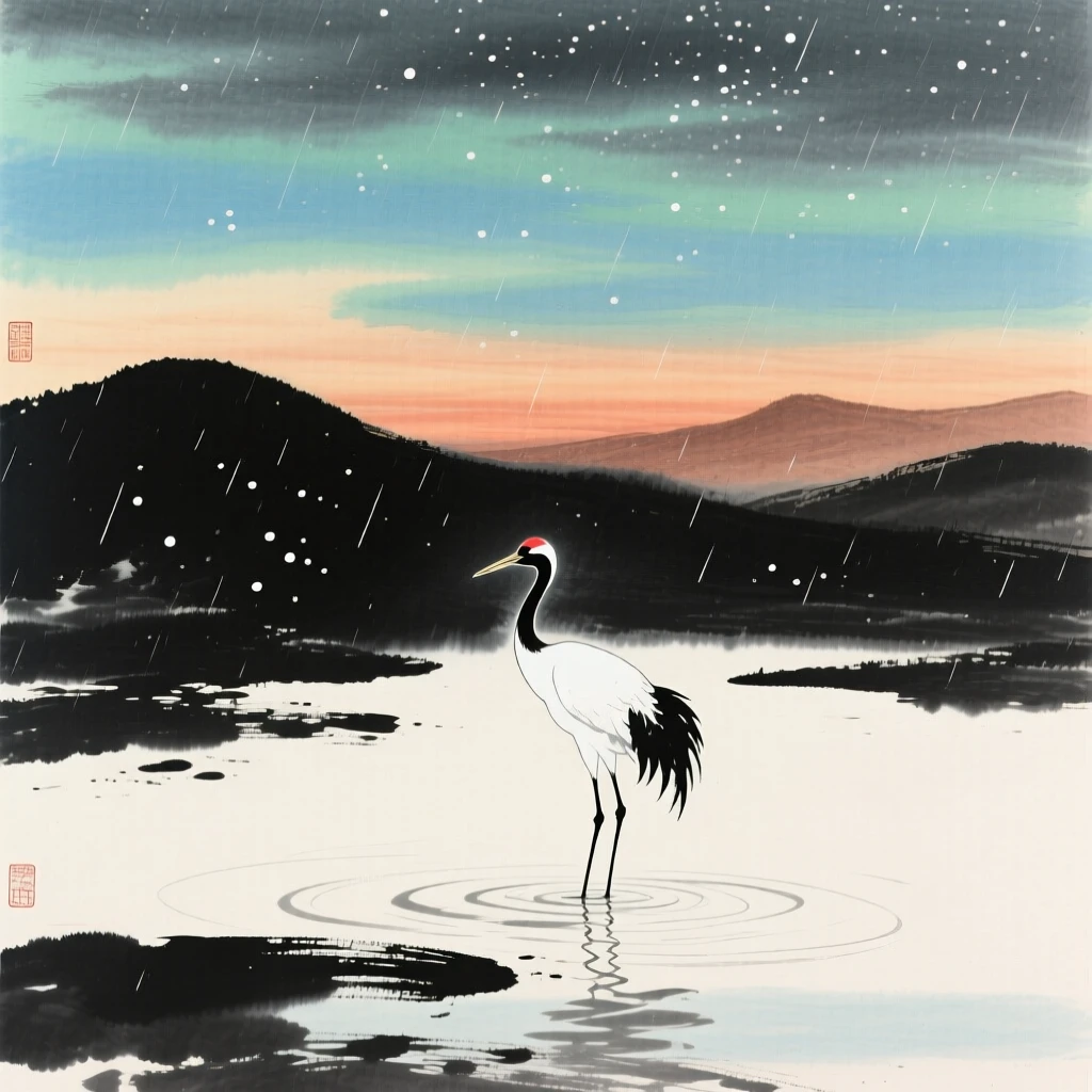 A lone crane standing in shallow water as the sun sets behind the hills, in early spring, beneath a sky washed clean by rain, under a sky full of stars.