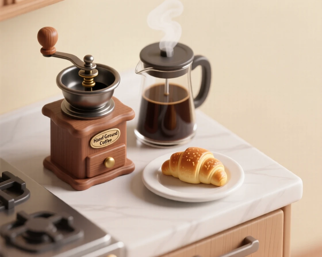 A quiet morning scene of grinding coffee beans by hand, steam rising from a French press, and a pastry warming on a small plate.