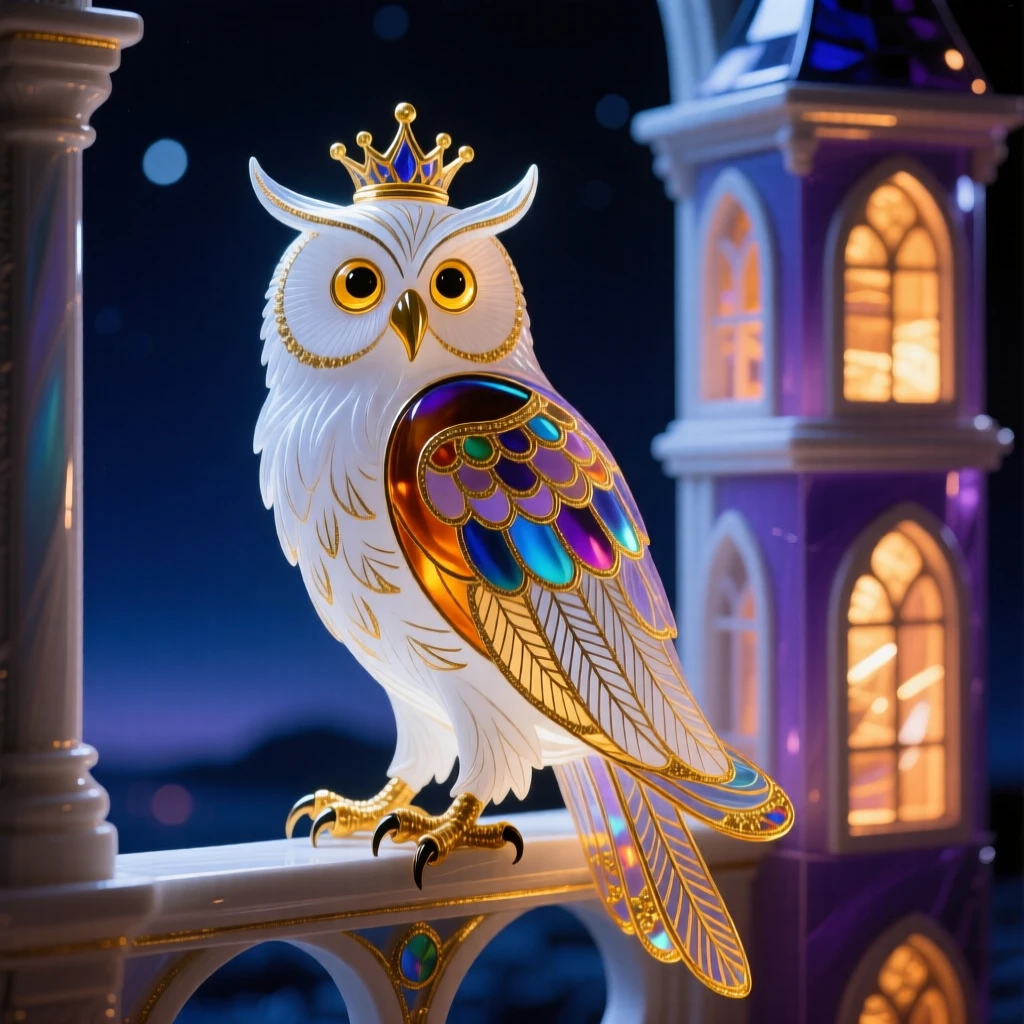 A wise old wizard's owl familiar perched on a tower window at midnight, mysterious and knowing.