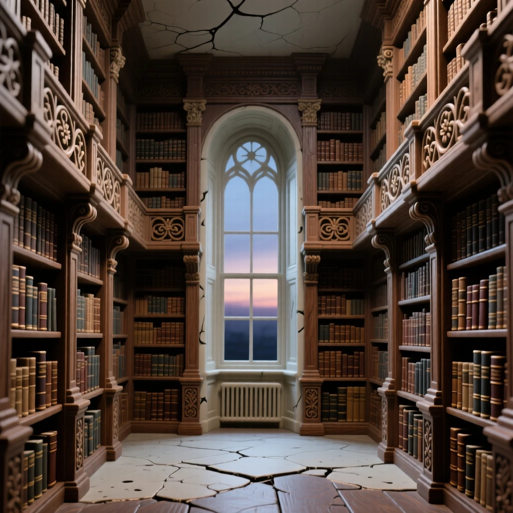 A grand old library with soaring shelves silhouetted against a fading twilight, with intricate carvings along every surface, stirring a sense of history and enduring beauty.