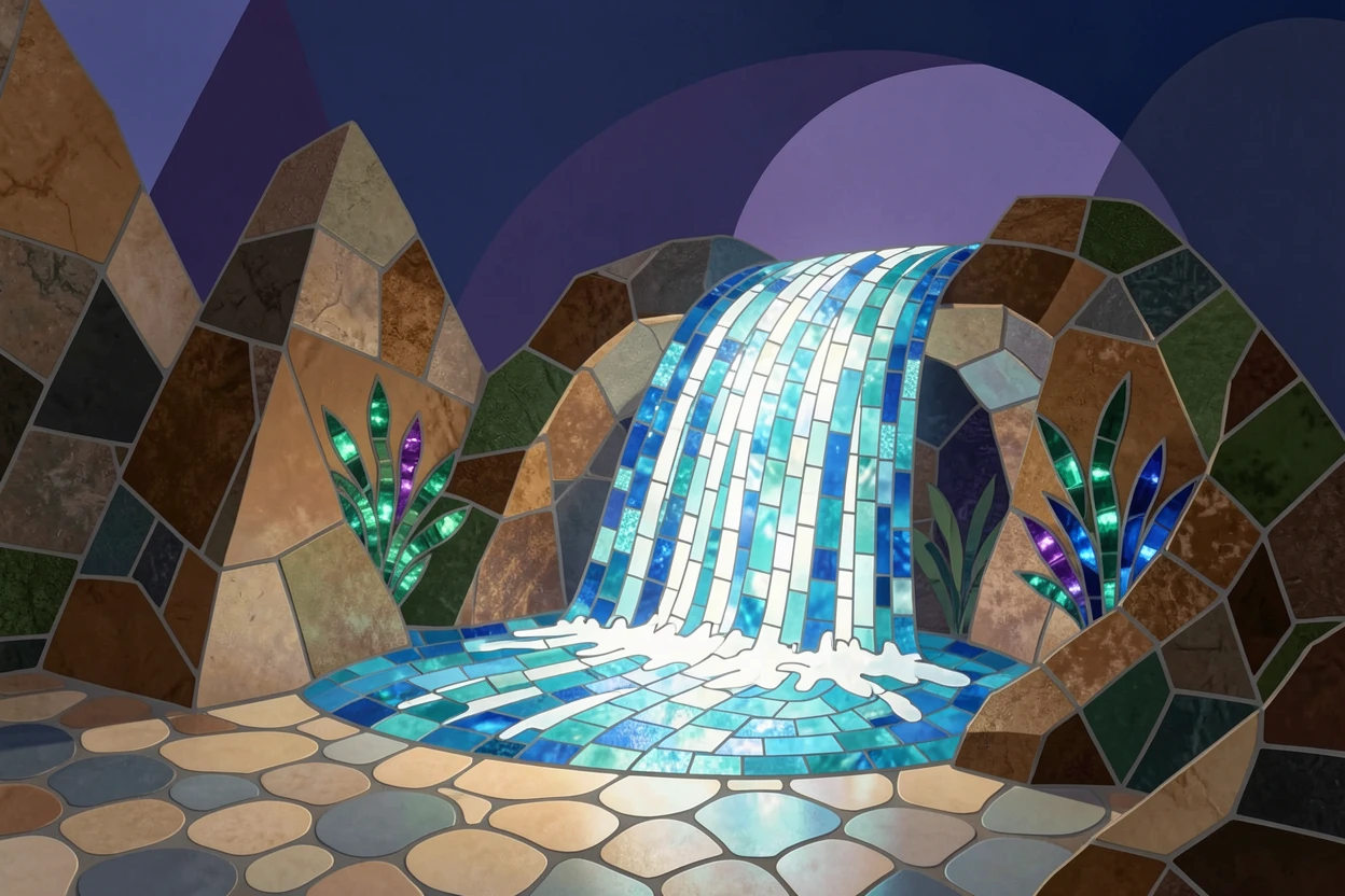 A glowing magical waterfall cascading into a hidden grotto.