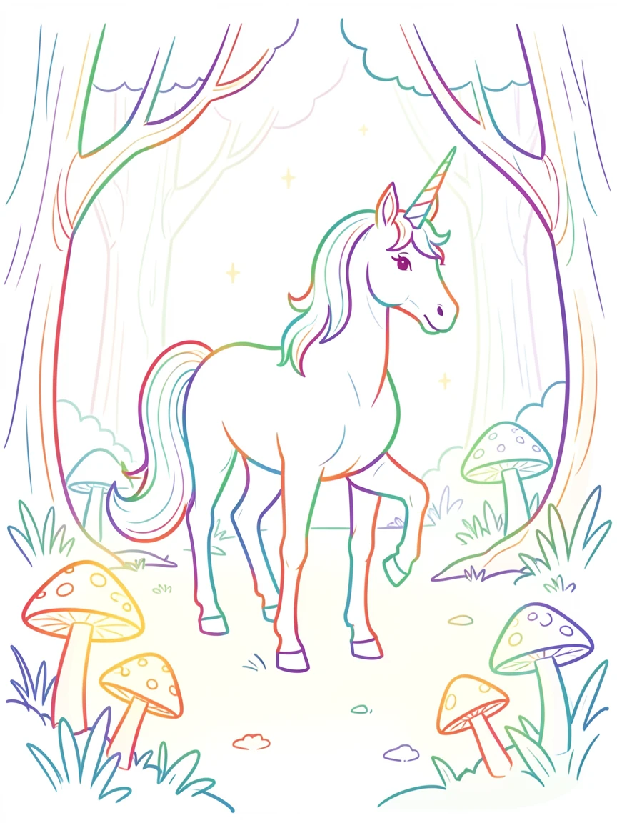 A unicorn standing in an enchanted forest clearing lit by glowing mushrooms.