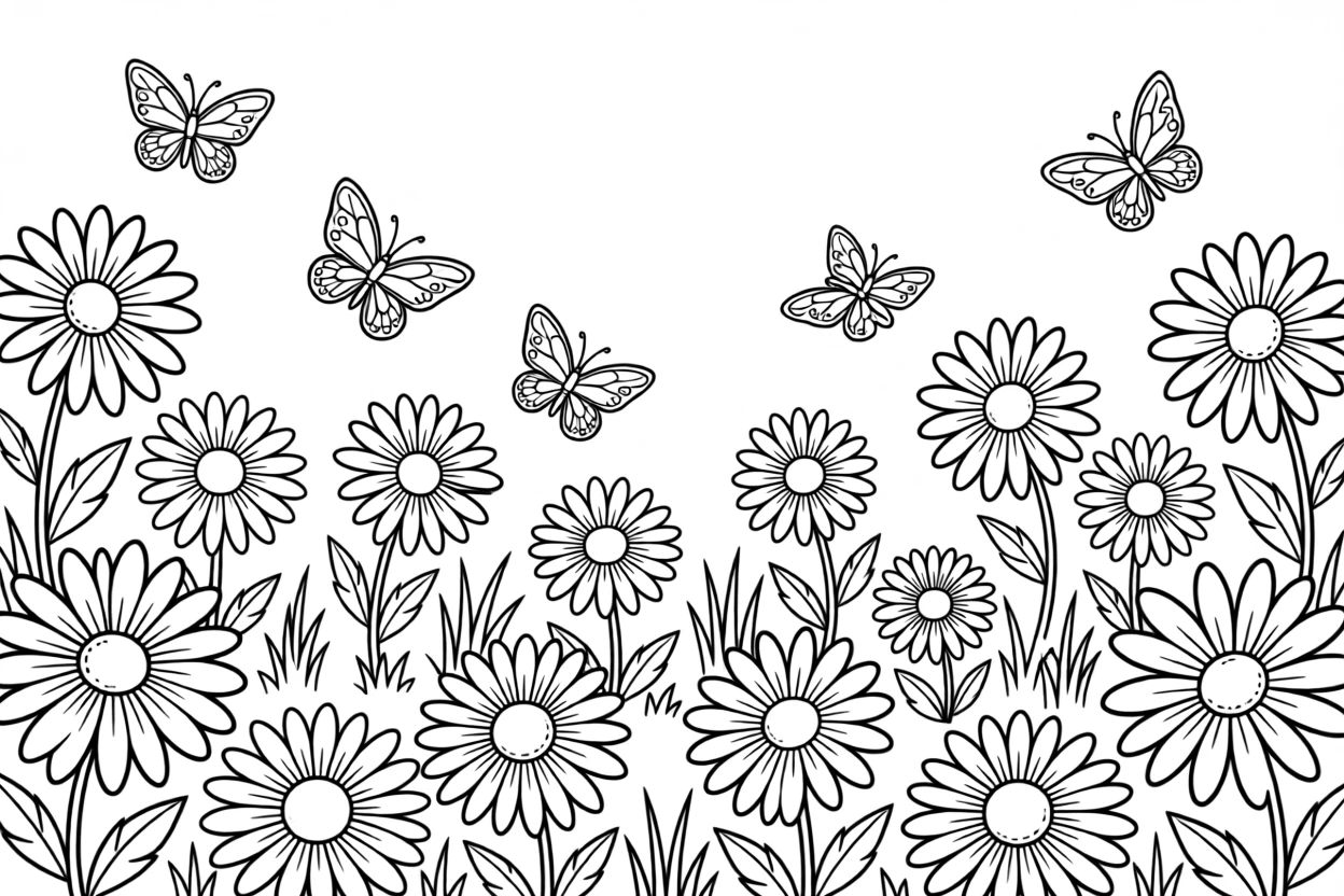 A garden full of butterflies fluttering among daisies