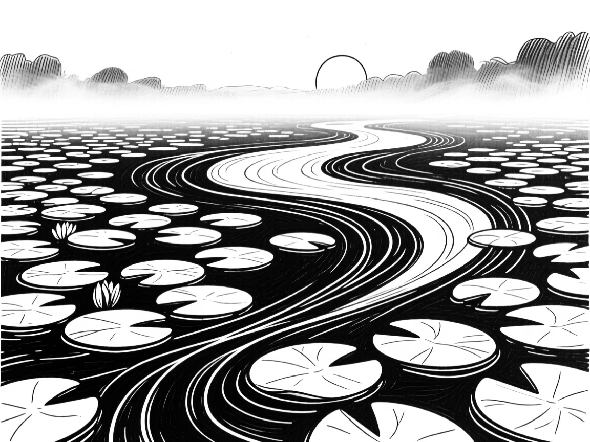 A tranquil pond covered in lily pads with mist rising at dawn.