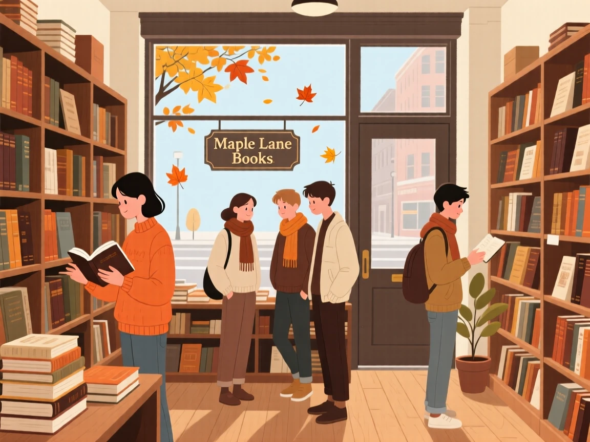 A group of students browsing a used bookstore on a quiet autumn day in the city.