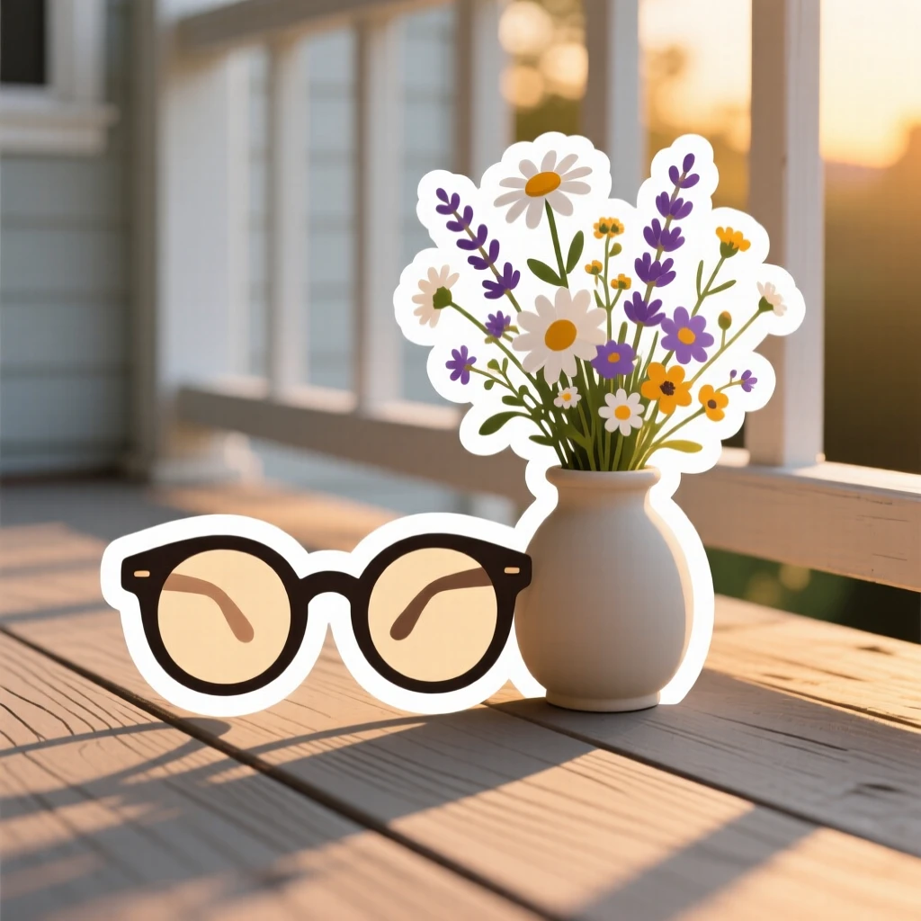 A cozy pair of round eyeglasses, arranged beside a small vase of wildflowers, on a porch during golden hour.