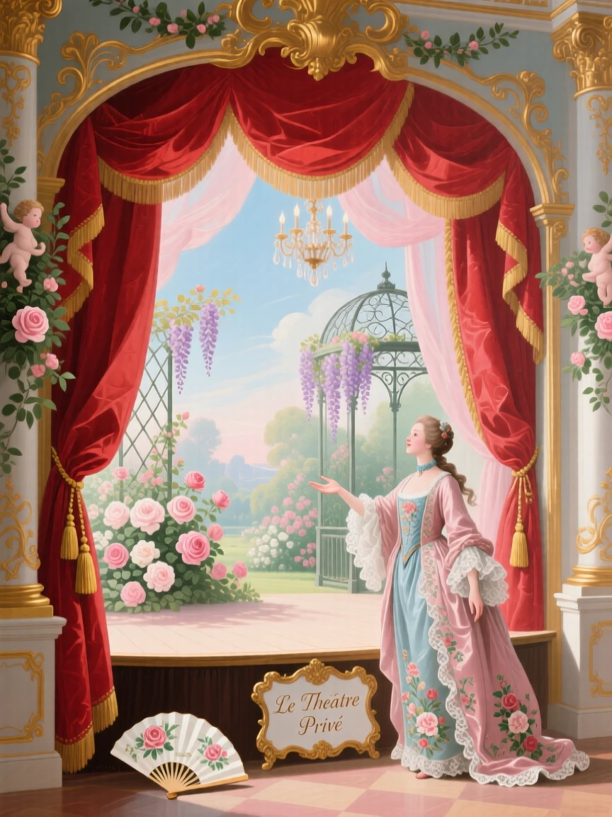A private theater with red curtains opening onto an elaborate stage set  