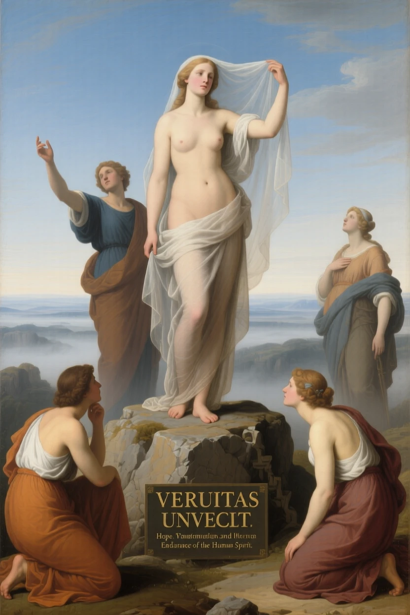 Truth unveiled before a gathering of startled onlookers at the threshold between the mortal and the eternal, set atop a rocky promontory overlooking a vast unknown, with allegorical attendants representing virtues gathered nearby; a triangular arrangement lends the scene classical stability and gravity, suggesting hope, transformation, and the endurance of the human spirit.