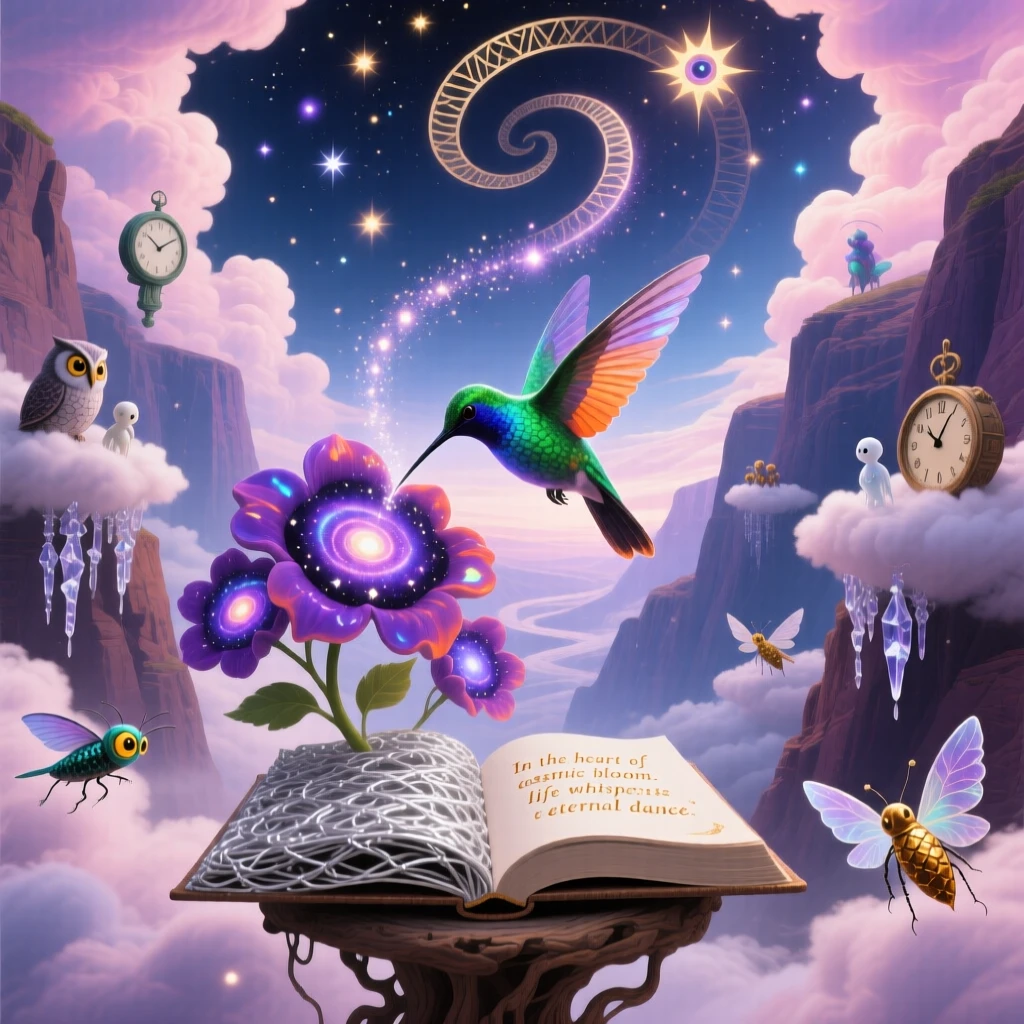 A hummingbird pollinating flowers that bloom into tiny galaxies drifts weightlessly through a canyon of soft clouds, as small creatures gather quietly to watch it pass.