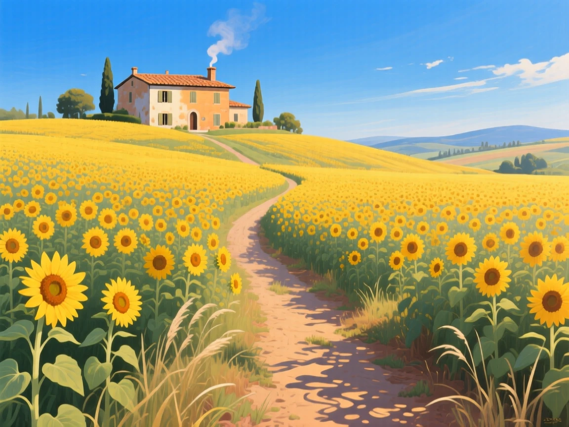 A sun-drenched sunflower field in Tuscany shows thousands of blooms all facing the same direction, a narrow dirt path cutting through the golden expanse toward a distant villa, small ripples or movement in the foreground giving the otherwise still setting a sense of quiet life.