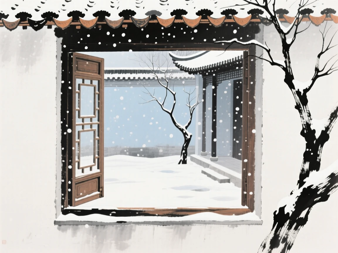 A solitary window open to a courtyard filled with falling snow, beneath softly falling snow.