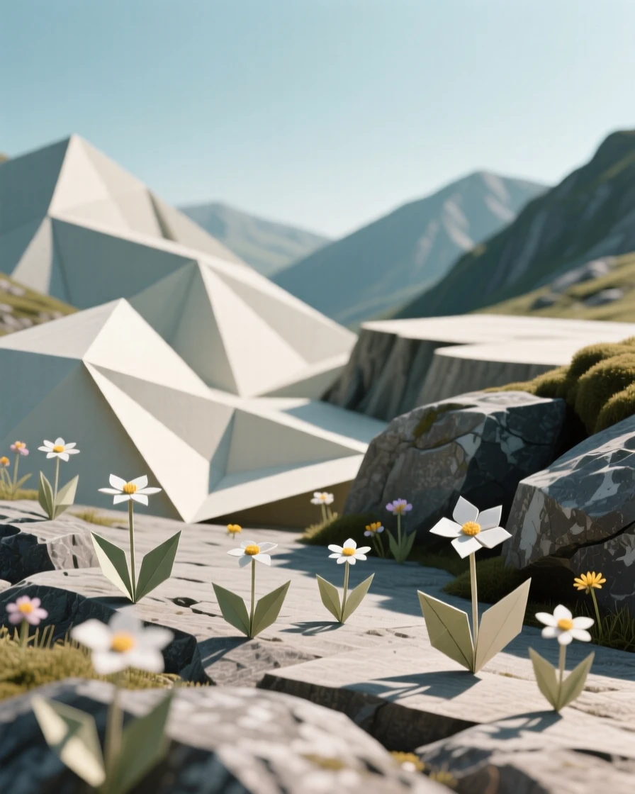 A tranquil highland pass with wildflowers scattered across the rocky ground under a clear sky.