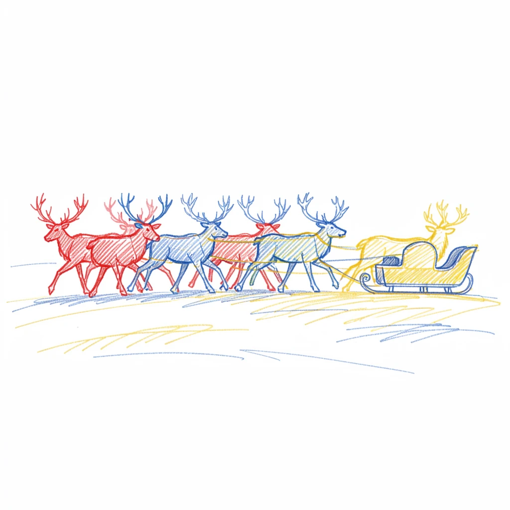 A herd of reindeer pulling a sled across a snow-covered field