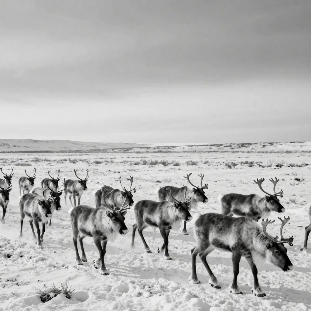 A herd of reindeer migrates across a frozen tundra across a vast snowy plain.
